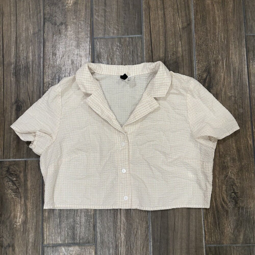 Divided Crop Top Button Front Plaid Tan White Size Large (126)